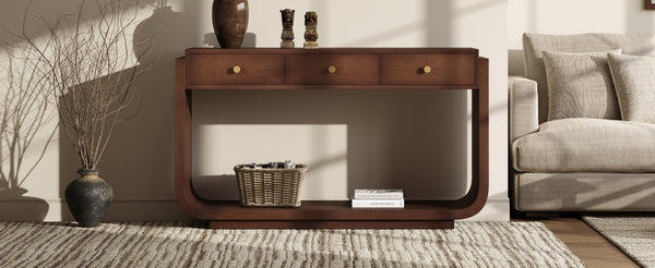 English Elm Antique-style Console Table with Three Drawers Paulownia Veneer Cabriole Legs Entryway Walnut N759P324549T