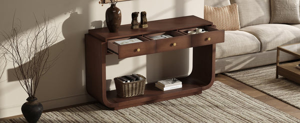 English Elm Antique-style Console Table with Three Drawers Paulownia Veneer Cabriole Legs Entryway Walnut N759P324549T