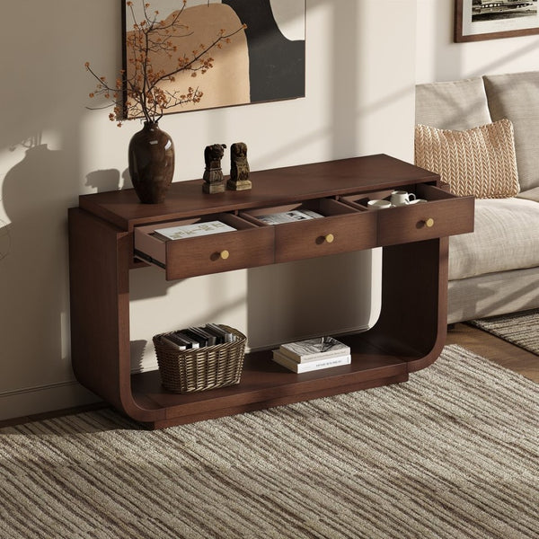 English Elm Antique-style Console Table with Three Drawers Paulownia Veneer Cabriole Legs Entryway Walnut N759P324549T