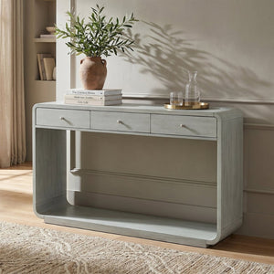 English Elm Antique-style Console Table Poplar Wood Curved Legs Three Drawers Entryway Accent Blue N759P396373G