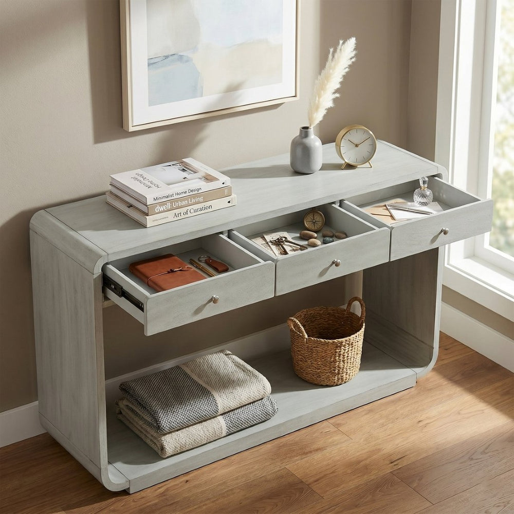 English Elm Antique-style Console Table Poplar Wood Curved Legs Three Drawers Entryway Accent Blue N759P396373G