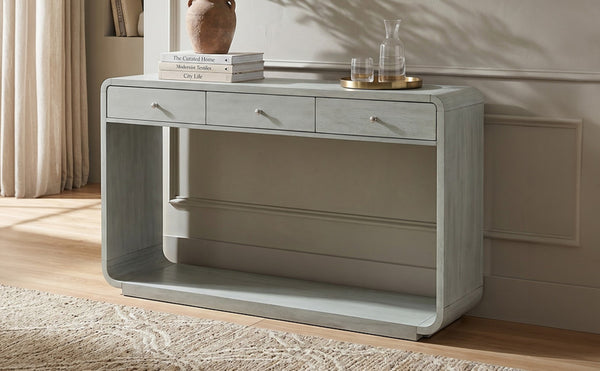 English Elm Antique-style Console Table Poplar Wood Curved Legs Three Drawers Entryway Accent Blue N759P396373G