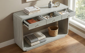 English Elm Antique-style Console Table Poplar Wood Curved Legs Three Drawers Entryway Accent Blue N759P396373G