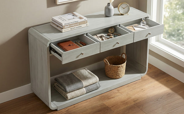 English Elm Antique-style Console Table Poplar Wood Curved Legs Three Drawers Entryway Accent Blue N759P396373G