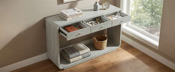 English Elm Antique-style Console Table Poplar Wood Curved Legs Three Drawers Entryway Accent Blue N759P396373G