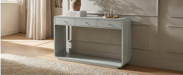 English Elm Antique-style Console Table Poplar Wood Curved Legs Three Drawers Entryway Accent Blue N759P396373G