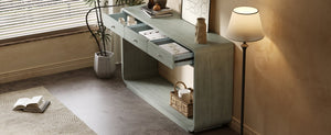 English Elm Antique-style Console Table Poplar Wood Curved Legs Three Drawers Entryway Accent Blue N759P396373G