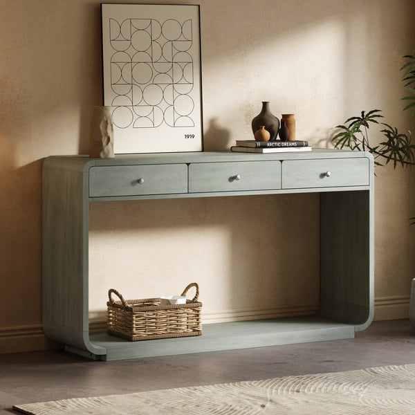 English Elm Antique-style Console Table Poplar Wood Curved Legs Three Drawers Entryway Accent Blue N759P396373G