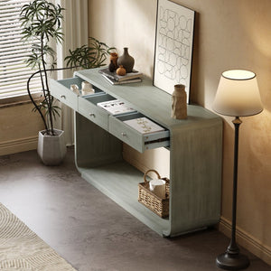 English Elm Antique-style Console Table Poplar Wood Curved Legs Three Drawers Entryway Accent Blue N759P396373G