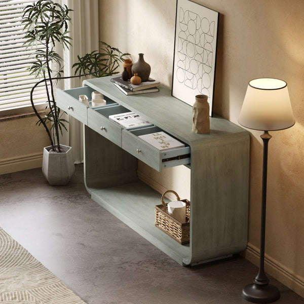 English Elm Antique-style Console Table Poplar Wood Curved Legs Three Drawers Entryway Accent Blue N759P396373G