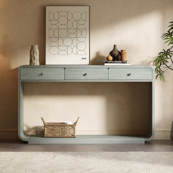 English Elm Antique-style Console Table Poplar Wood Curved Legs Three Drawers Entryway Accent Blue N759P396373G