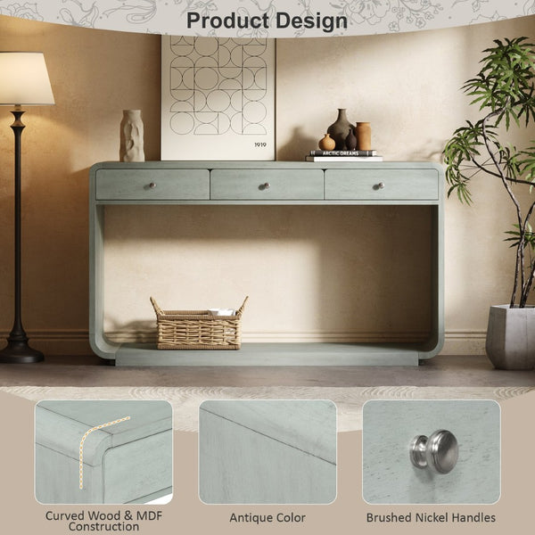 English Elm Antique-style Console Table Poplar Wood Curved Legs Three Drawers Entryway Accent Blue N759P396373G