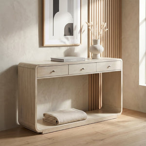 English Elm Antique-style Console Table Poplar Wood Curved Legs Three Drawers Entryway Accent Natural N759P396373N