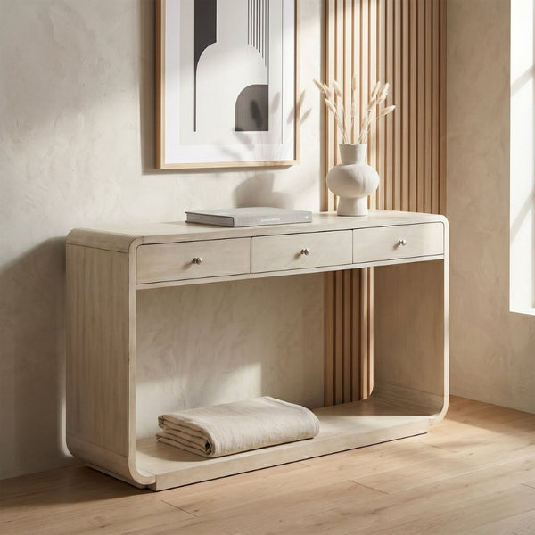English Elm Antique-style Console Table Poplar Wood Curved Legs Three Drawers Entryway Accent Natural N759P396373N