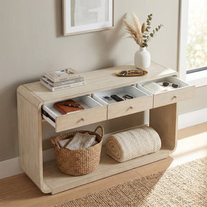 English Elm Antique-style Console Table Poplar Wood Curved Legs Three Drawers Entryway Accent Natural N759P396373N