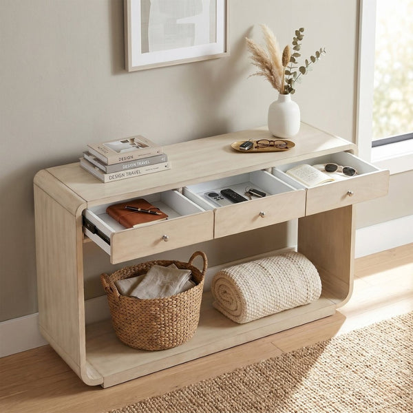 English Elm Antique-style Console Table Poplar Wood Curved Legs Three Drawers Entryway Accent Natural N759P396373N