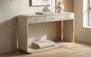 English Elm Antique-style Console Table Poplar Wood Curved Legs Three Drawers Entryway Accent Natural N759P396373N