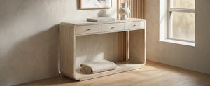 English Elm Antique-style Console Table Poplar Wood Curved Legs Three Drawers Entryway Accent Natural N759P396373N