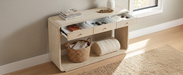 English Elm Antique-style Console Table Poplar Wood Curved Legs Three Drawers Entryway Accent Natural N759P396373N