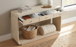 English Elm Antique-style Console Table Poplar Wood Curved Legs Three Drawers Entryway Accent Natural N759P396373N