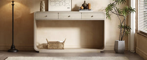 English Elm Antique-style Console Table Poplar Wood Curved Legs Three Drawers Entryway Accent Natural N759P396373N