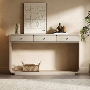English Elm Antique-style Console Table Poplar Wood Curved Legs Three Drawers Entryway Accent Natural N759P396373N