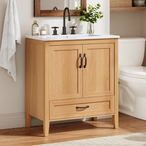 English Elm Video 30 Inch Farmhouse Bathroom Vanity with Ceramic Sink Rubberwood Legs Soft Close Storage N759P434900N
