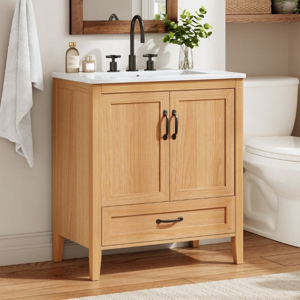 English Elm Video 30 Inch Farmhouse Bathroom Vanity with Ceramic Sink Rubberwood Legs Soft Close Storage N759P434900N