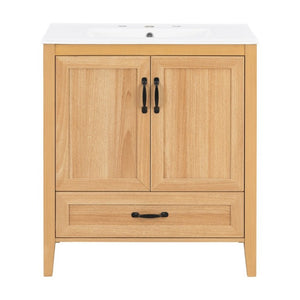 English Elm Video 30 Inch Farmhouse Bathroom Vanity with Ceramic Sink Rubberwood Legs Soft Close Storage N759P434900N