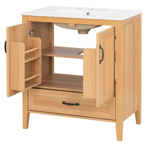 English Elm Video 30 Inch Farmhouse Bathroom Vanity with Ceramic Sink Rubberwood Legs Soft Close Storage N759P434900N
