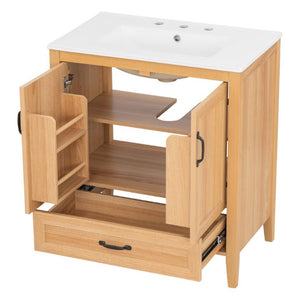 English Elm Video 30 Inch Farmhouse Bathroom Vanity with Ceramic Sink Rubberwood Legs Soft Close Storage N759P434900N