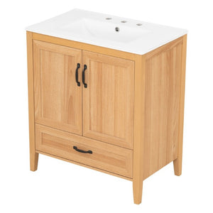 English Elm Video 30 Inch Farmhouse Bathroom Vanity with Ceramic Sink Rubberwood Legs Soft Close Storage N759P434900N
