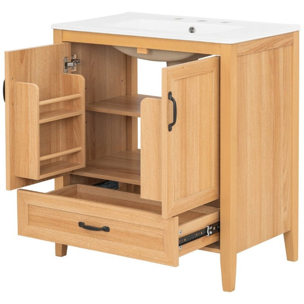 English Elm Video 30 Inch Farmhouse Bathroom Vanity with Ceramic Sink Rubberwood Legs Soft Close Storage N759P434900N
