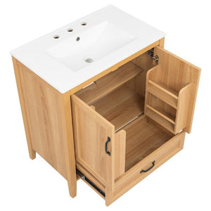 English Elm Video 30 Inch Farmhouse Bathroom Vanity with Ceramic Sink Rubberwood Legs Soft Close Storage N759P434900N