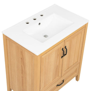English Elm Video 30 Inch Farmhouse Bathroom Vanity with Ceramic Sink Rubberwood Legs Soft Close Storage N759P434900N