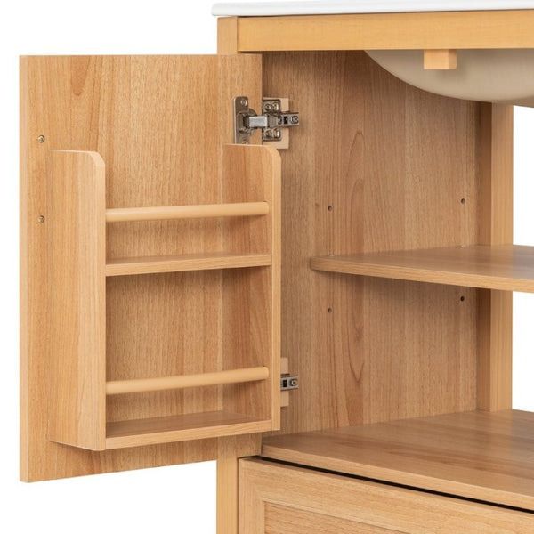 English Elm Video 30 Inch Farmhouse Bathroom Vanity with Ceramic Sink Rubberwood Legs Soft Close Storage N759P434900N
