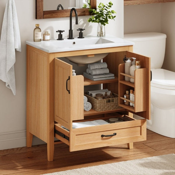 English Elm Video 30 Inch Farmhouse Bathroom Vanity with Ceramic Sink Rubberwood Legs Soft Close Storage N759P434900N
