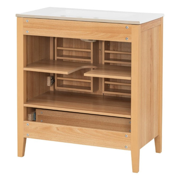 English Elm Video 30 Inch Farmhouse Bathroom Vanity with Ceramic Sink Rubberwood Legs Soft Close Storage N759P434900N