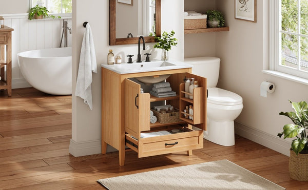 English Elm Video 30 Inch Farmhouse Bathroom Vanity with Ceramic Sink Rubberwood Legs Soft Close Storage N759P434900N