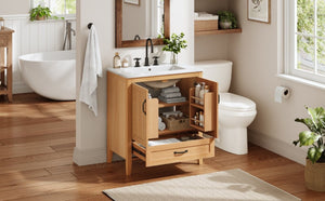 English Elm Video 30 Inch Farmhouse Bathroom Vanity with Ceramic Sink Rubberwood Legs Soft Close Storage N759P434900N