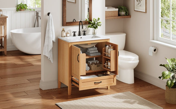 English Elm Video 30 Inch Farmhouse Bathroom Vanity with Ceramic Sink Rubberwood Legs Soft Close Storage N759P434900N
