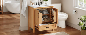 English Elm Video 30 Inch Farmhouse Bathroom Vanity with Ceramic Sink Rubberwood Legs Soft Close Storage N759P434900N