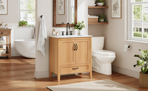 English Elm Video 30 Inch Farmhouse Bathroom Vanity with Ceramic Sink Rubberwood Legs Soft Close Storage N759P434900N