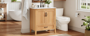 English Elm Video 30 Inch Farmhouse Bathroom Vanity with Ceramic Sink Rubberwood Legs Soft Close Storage N759P434900N