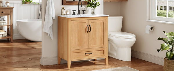 English Elm Video 30 Inch Farmhouse Bathroom Vanity with Ceramic Sink Rubberwood Legs Soft Close Storage N759P434900N