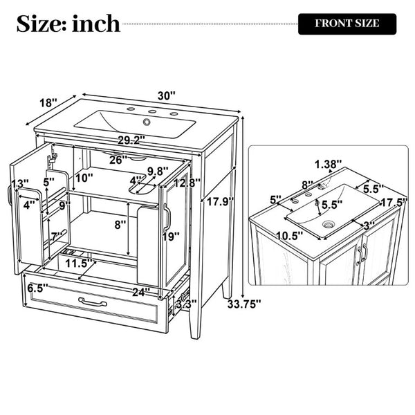 English Elm Video 30 Inch Farmhouse Bathroom Vanity with Ceramic Sink Rubberwood Legs Soft Close Storage N759P434900N