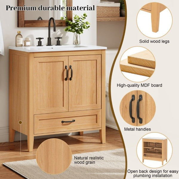 English Elm Video 30 Inch Farmhouse Bathroom Vanity with Ceramic Sink Rubberwood Legs Soft Close Storage N759P434900N