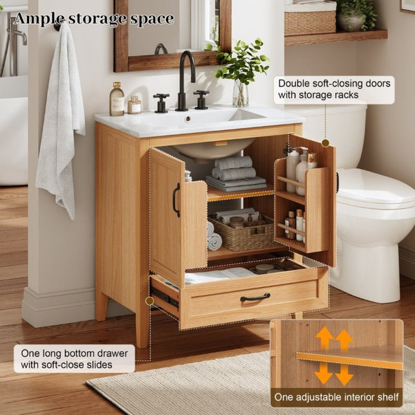 English Elm Video 30 Inch Farmhouse Bathroom Vanity with Ceramic Sink Rubberwood Legs Soft Close Storage N759P434900N