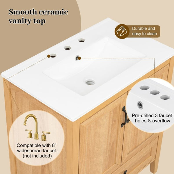 English Elm Video 30 Inch Farmhouse Bathroom Vanity with Ceramic Sink Rubberwood Legs Soft Close Storage N759P434900N