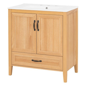 English Elm Video 30 Inch Farmhouse Bathroom Vanity with Ceramic Sink Rubberwood Legs Soft Close Storage N759P434900N